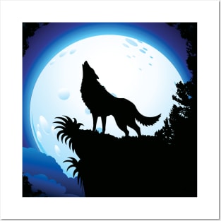 Wolf Howling at Blue Moon Posters and Art